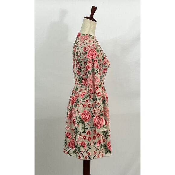NEEDLE & THREAD Sz 0 US Embroidered Beige Pink Floral Mini Dress - Picture 6 of 10